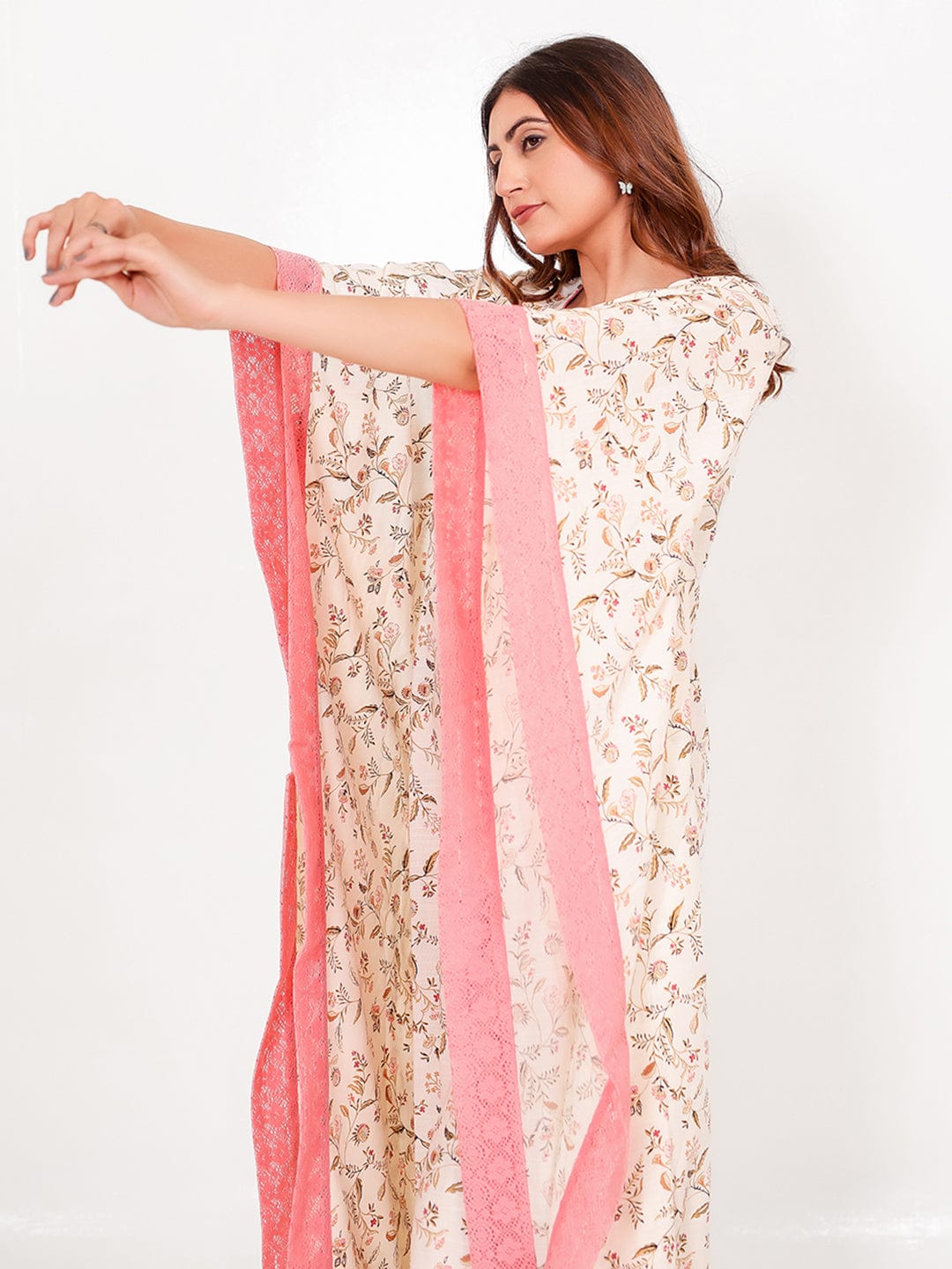 The Kaftan Company Kaftan Cream Floral Viscose Rayon Kaftan with Pink Lace