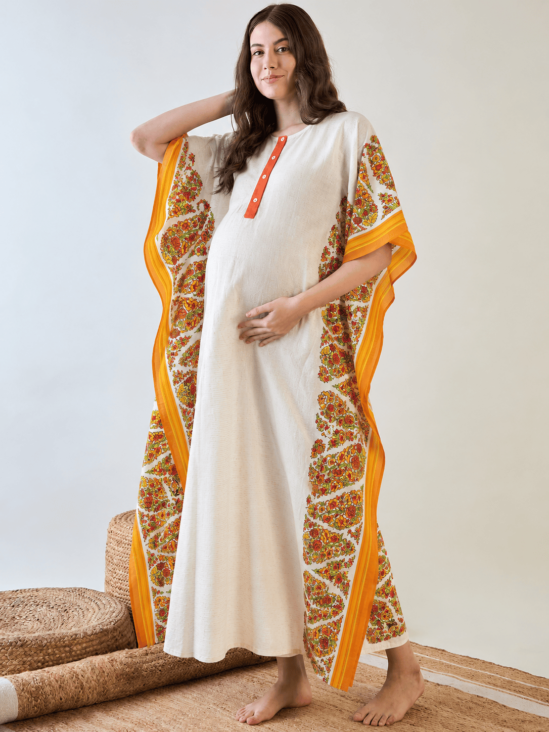 The Kaftan Company Kaftan Cream Maternity and Nursing Kaftan with Paisley Side Panels