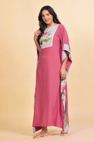 The Kaftan Company Kaftan Dark Pink Modal Kaftan Nightdress with Striped Floral Yoke and Trim