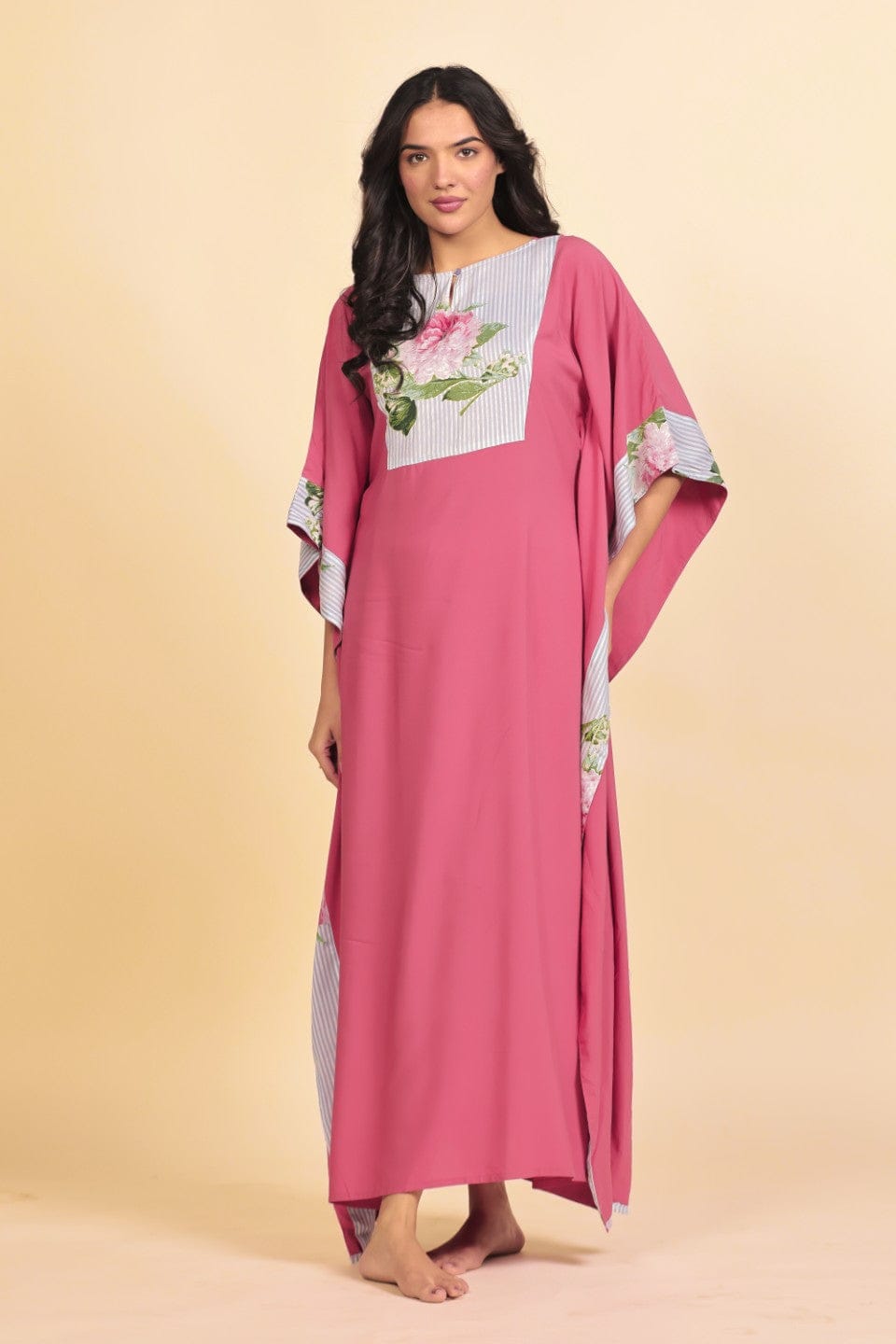 The Kaftan Company Kaftan Dark Pink Modal Kaftan Nightdress with Striped Floral Yoke and Trim