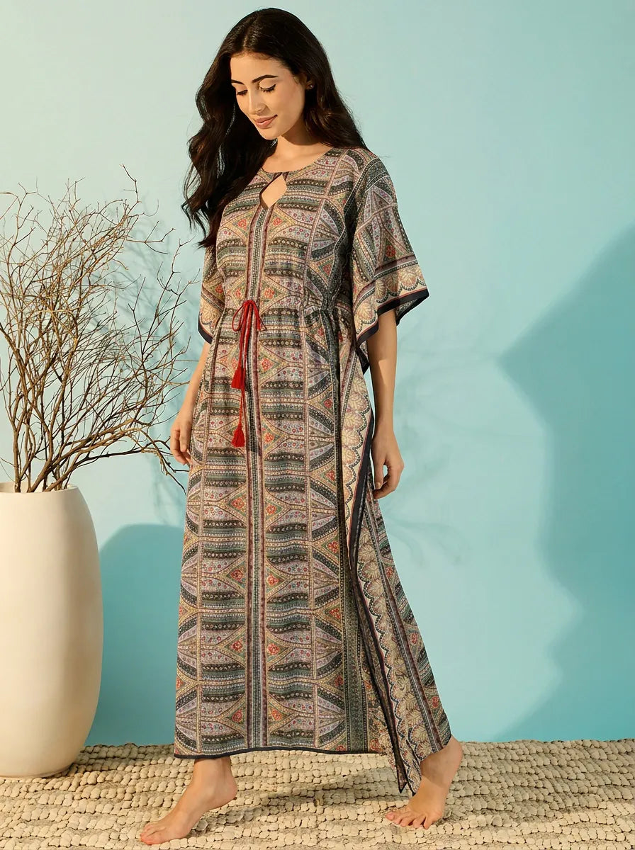 The Kaftan Company Kaftan Ethnic Print Kaftan with Drawstring Waist and Pockets