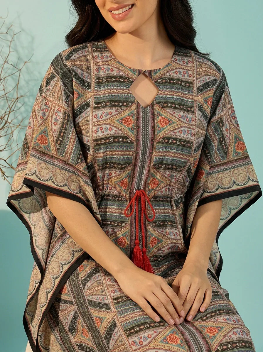 The Kaftan Company Kaftan Ethnic Print Kaftan with Drawstring Waist and Pockets