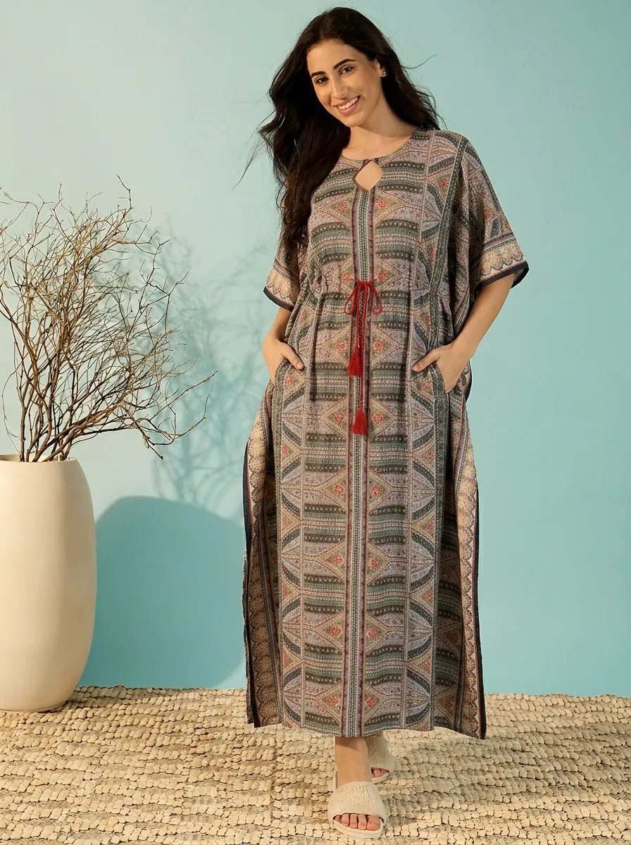 The Kaftan Company Kaftan Ethnic Print Kaftan with Drawstring Waist and Pockets