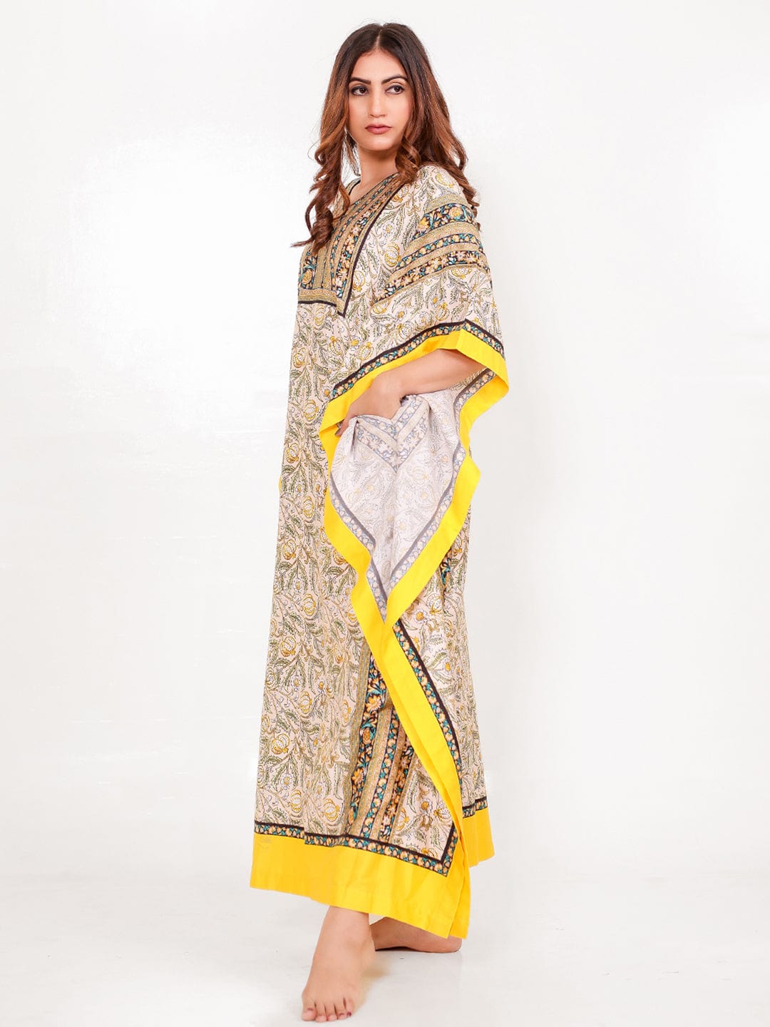 The Kaftan Company Kaftan Floral Borders Maxi Kaftan with Pockets