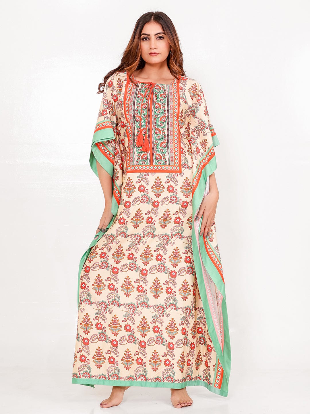 The Kaftan Company Kaftan Floral Cotton-Viscose Kaftan with Mint Border & Pockets