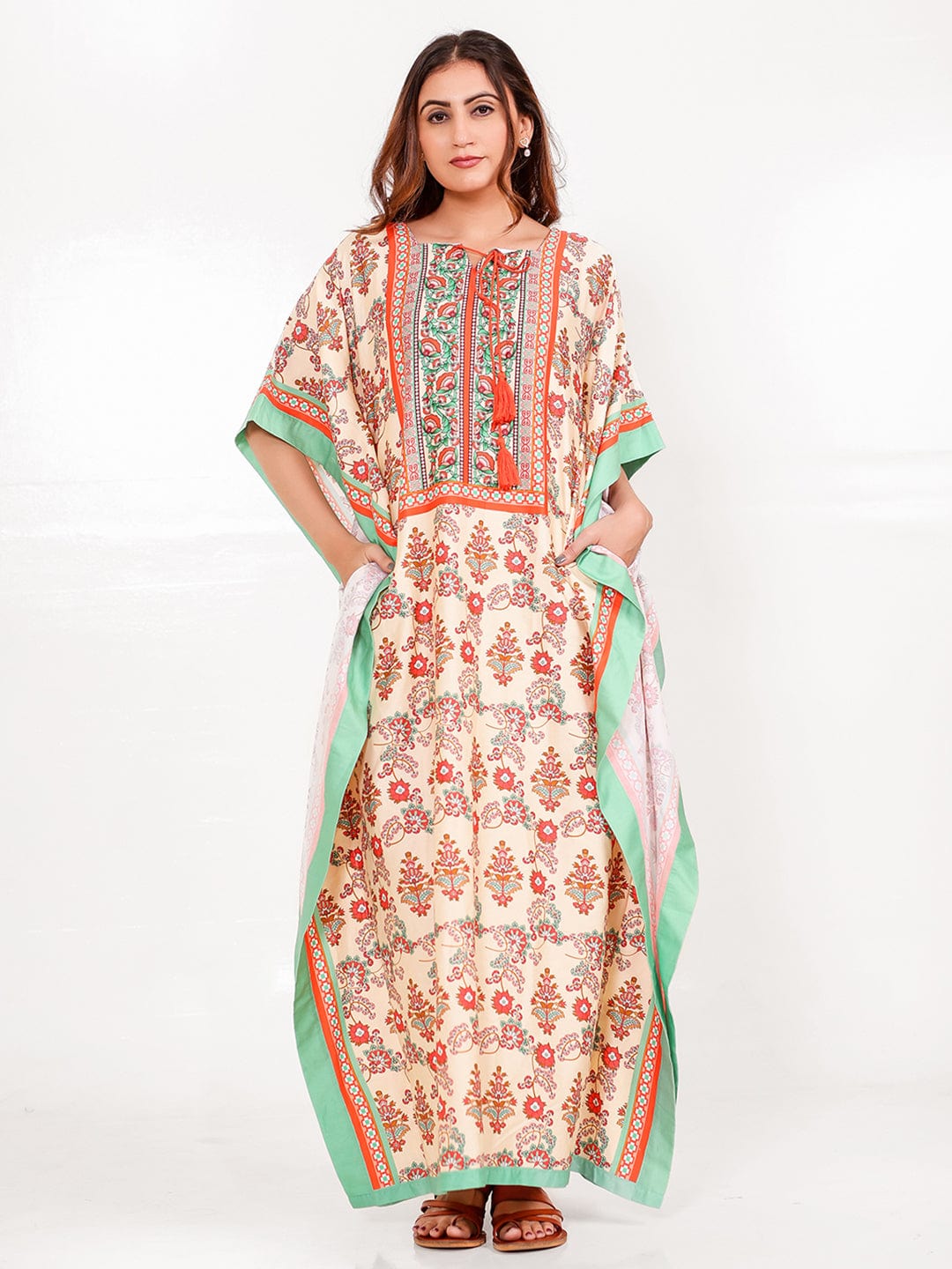 The Kaftan Company Kaftan Floral Cotton-Viscose Kaftan with Mint Border & Pockets