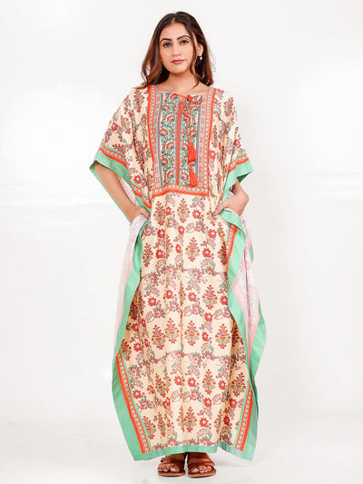 The Kaftan Company Kaftan Floral Cotton-Viscose Kaftan with Mint Border & Pockets