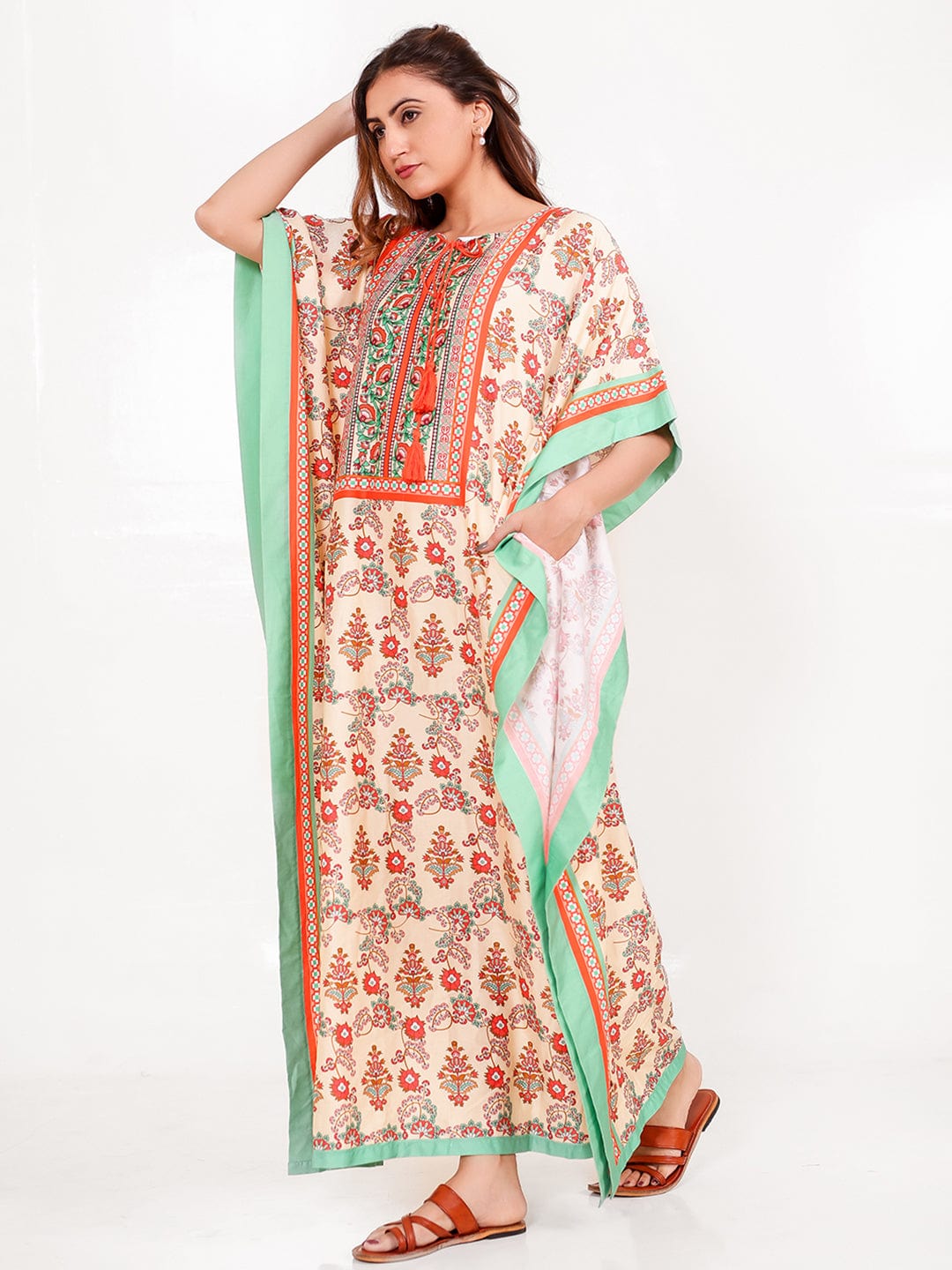 The Kaftan Company Kaftan Floral Cotton-Viscose Kaftan with Mint Border & Pockets