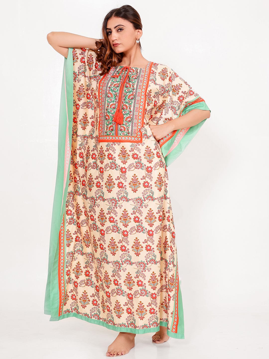 The Kaftan Company Kaftan Floral Cotton-Viscose Kaftan with Mint Border & Pockets