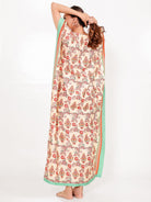 The Kaftan Company Kaftan Floral Cotton-Viscose Kaftan with Mint Border & Pockets