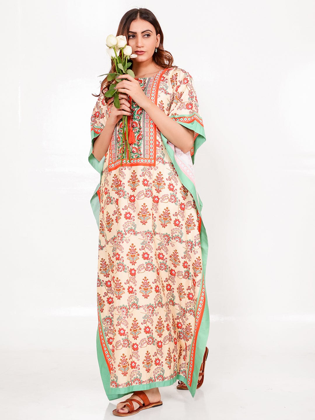 The Kaftan Company Kaftan Floral Cotton-Viscose Kaftan with Mint Border & Pockets