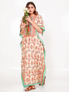 The Kaftan Company Kaftan Floral Cotton-Viscose Kaftan with Mint Border & Pockets