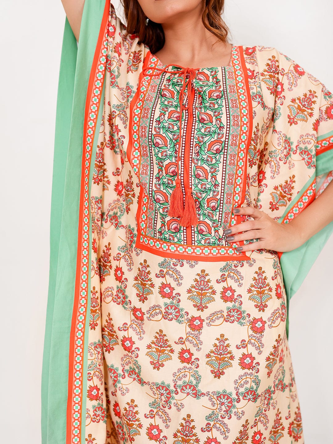 The Kaftan Company Kaftan Floral Cotton-Viscose Kaftan with Mint Border & Pockets