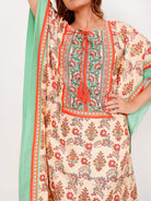 The Kaftan Company Kaftan Floral Cotton-Viscose Kaftan with Mint Border & Pockets