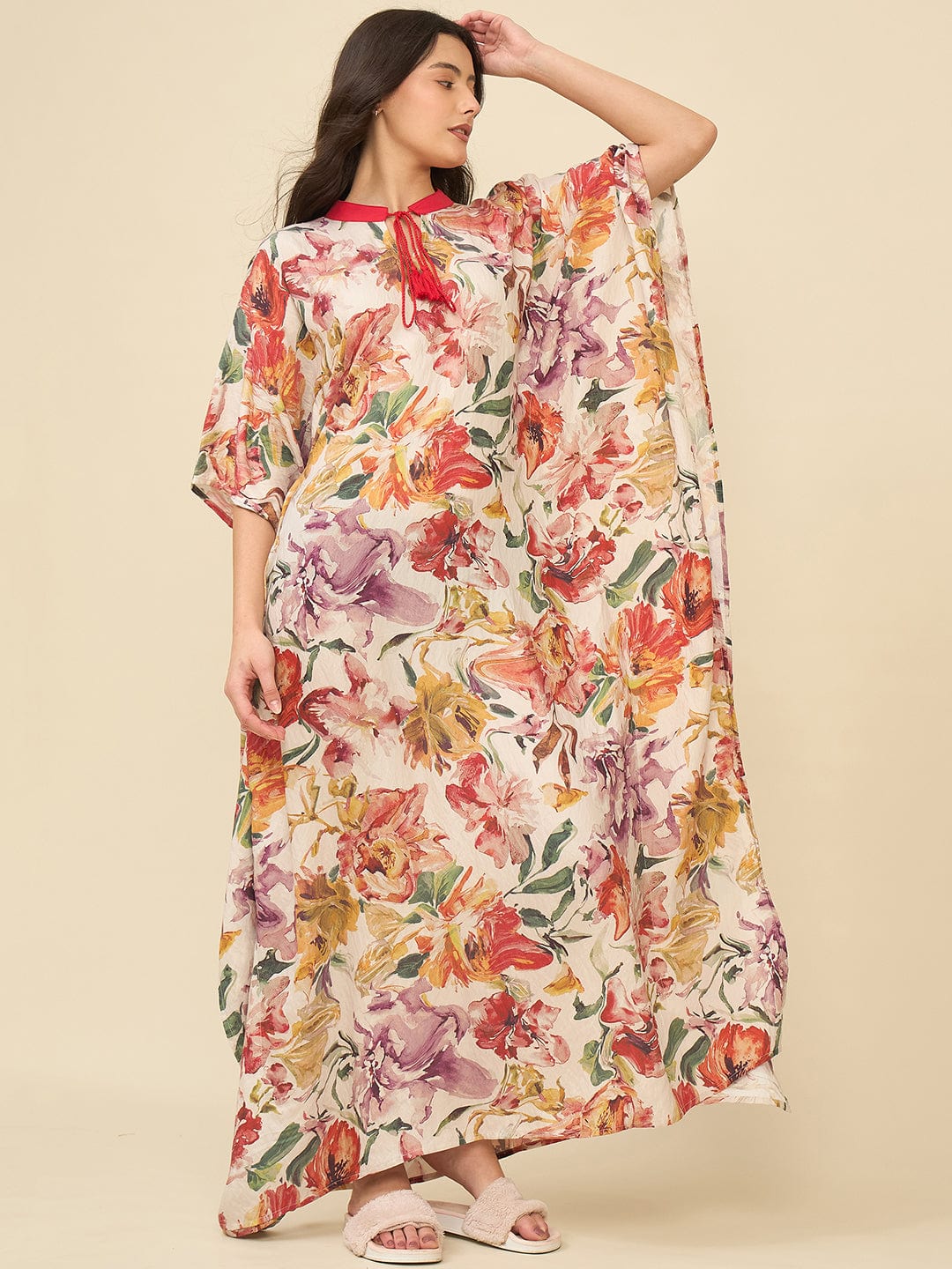 The Kaftan Company Kaftan Floral Watercolor Printed Kaftan – Red Collar & Tassel Tie-Up