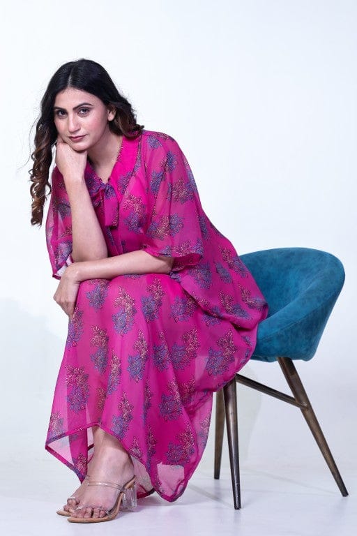 The Kaftan Company Kaftan Fuchsia Printed Chiffon Loungewear Kaftan with Crepe Slip