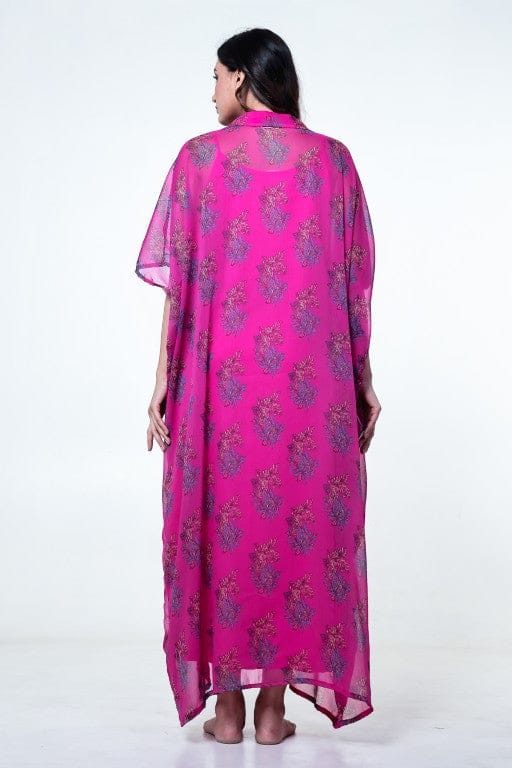 The Kaftan Company Kaftan Fuchsia Printed Chiffon Loungewear Kaftan with Crepe Slip