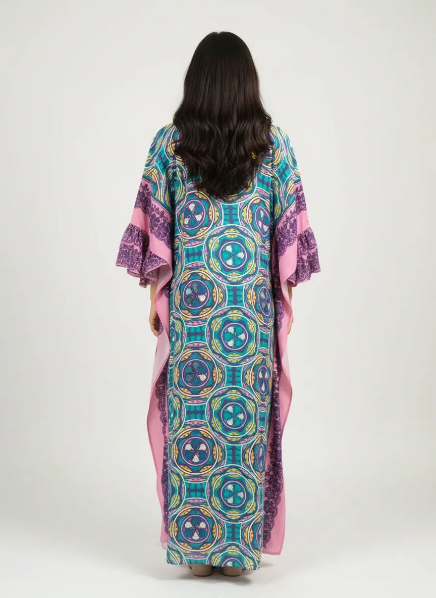 The Kaftan Company Kaftan Geometric Printed Viscose Kaftan with Frill Sleeves