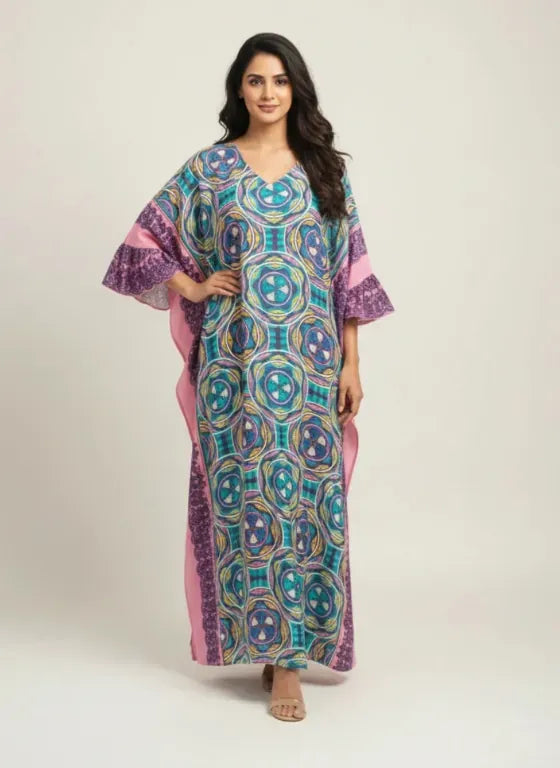The Kaftan Company Kaftan Geometric Printed Viscose Kaftan with Frill Sleeves
