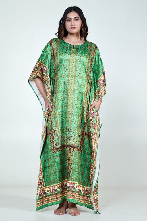 The Kaftan Company Kaftan Green Ethnic Printed Satin Nightwear Kaftan with Pockets