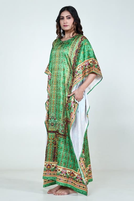 The Kaftan Company Kaftan Green Ethnic Printed Satin Nightwear Kaftan with Pockets