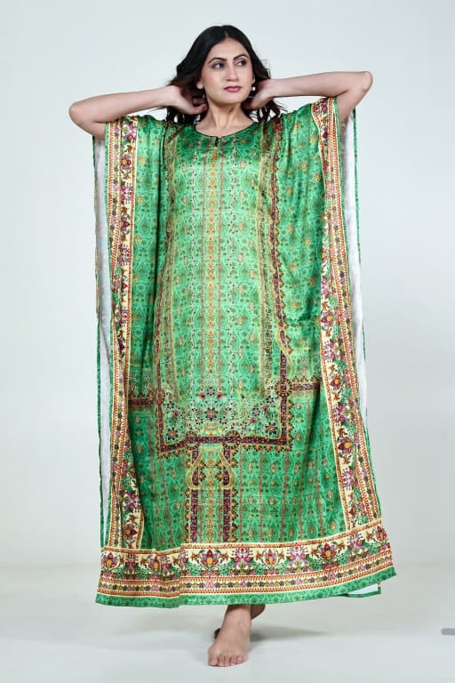 The Kaftan Company Kaftan Green Ethnic Printed Satin Nightwear Kaftan with Pockets
