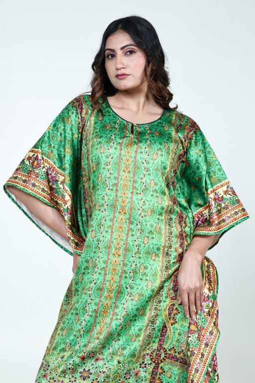The Kaftan Company Kaftan Green Ethnic Printed Satin Nightwear Kaftan with Pockets