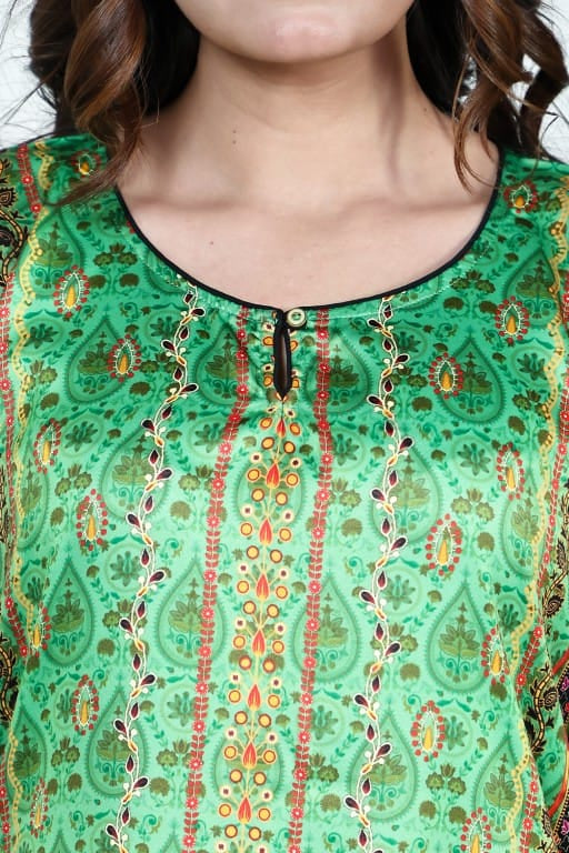 The Kaftan Company Kaftan Green Ethnic Printed Satin Nightwear Kaftan with Pockets