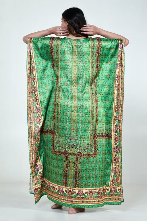 The Kaftan Company Kaftan Green Ethnic Printed Satin Nightwear Kaftan with Pockets