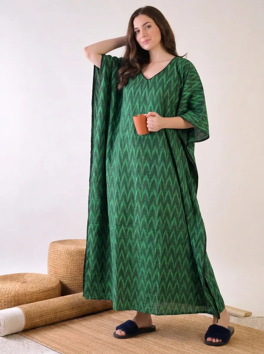 The Kaftan Company Kaftan Green Ikat Handloom Cotton Kaftan with Side Pockets
