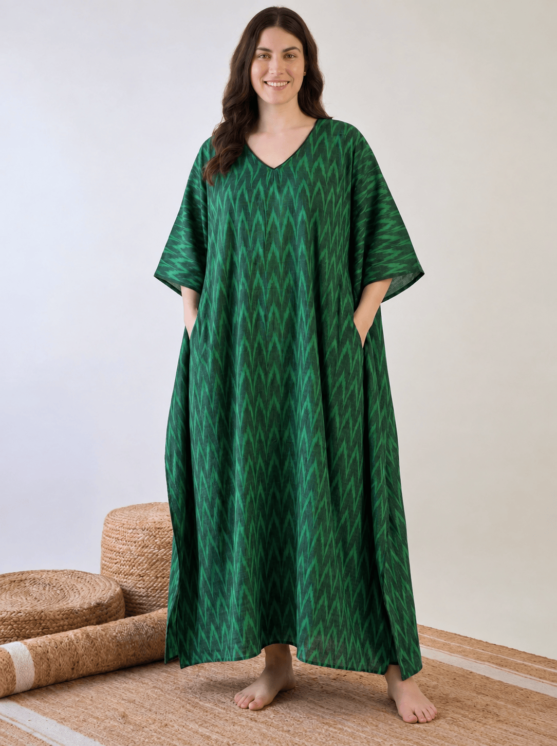 The Kaftan Company Kaftan Green Ikat Handloom Cotton Kaftan with Side Pockets