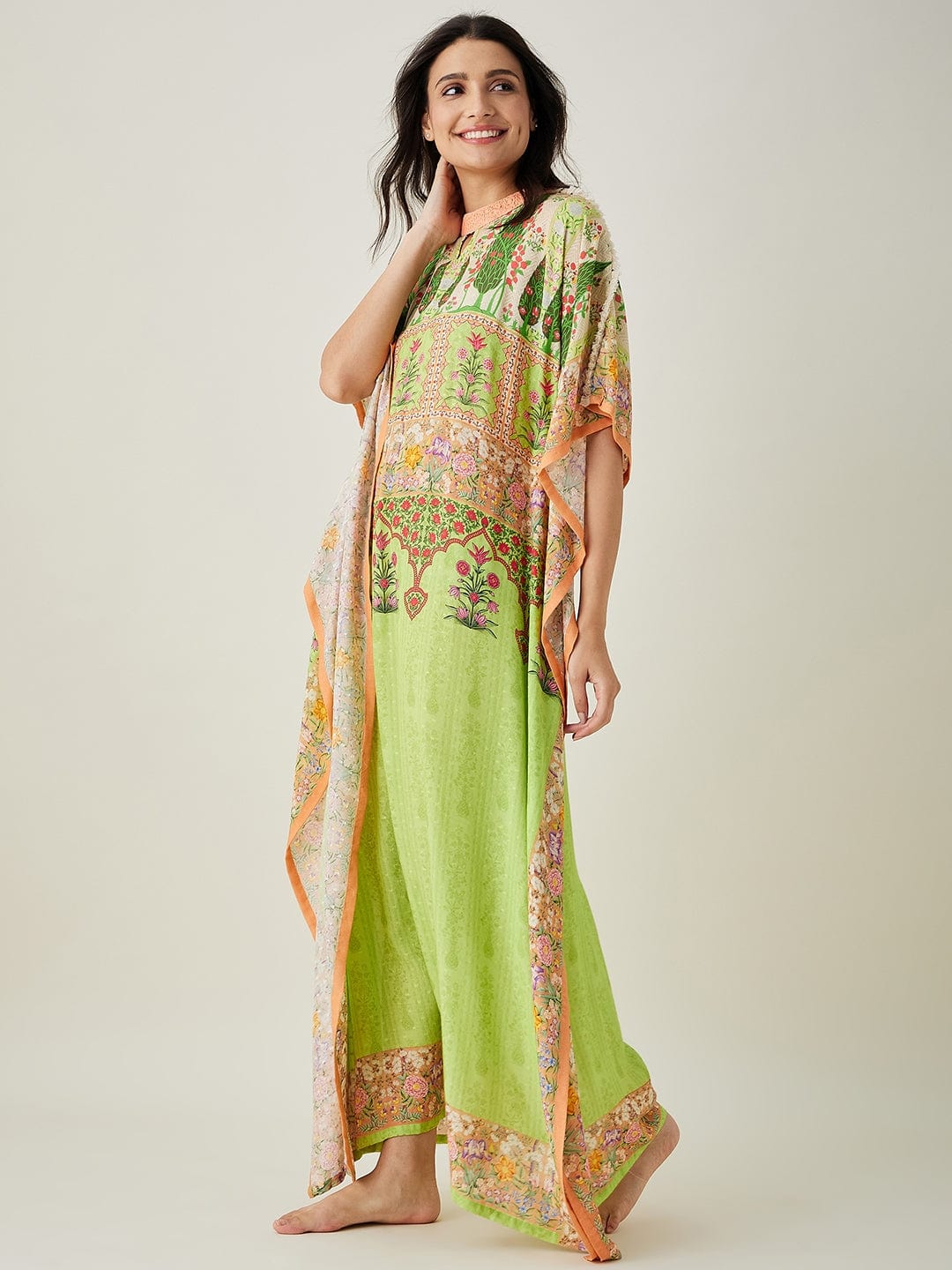 The Kaftan Company Kaftan Green peach Serenade Printed Kaftan