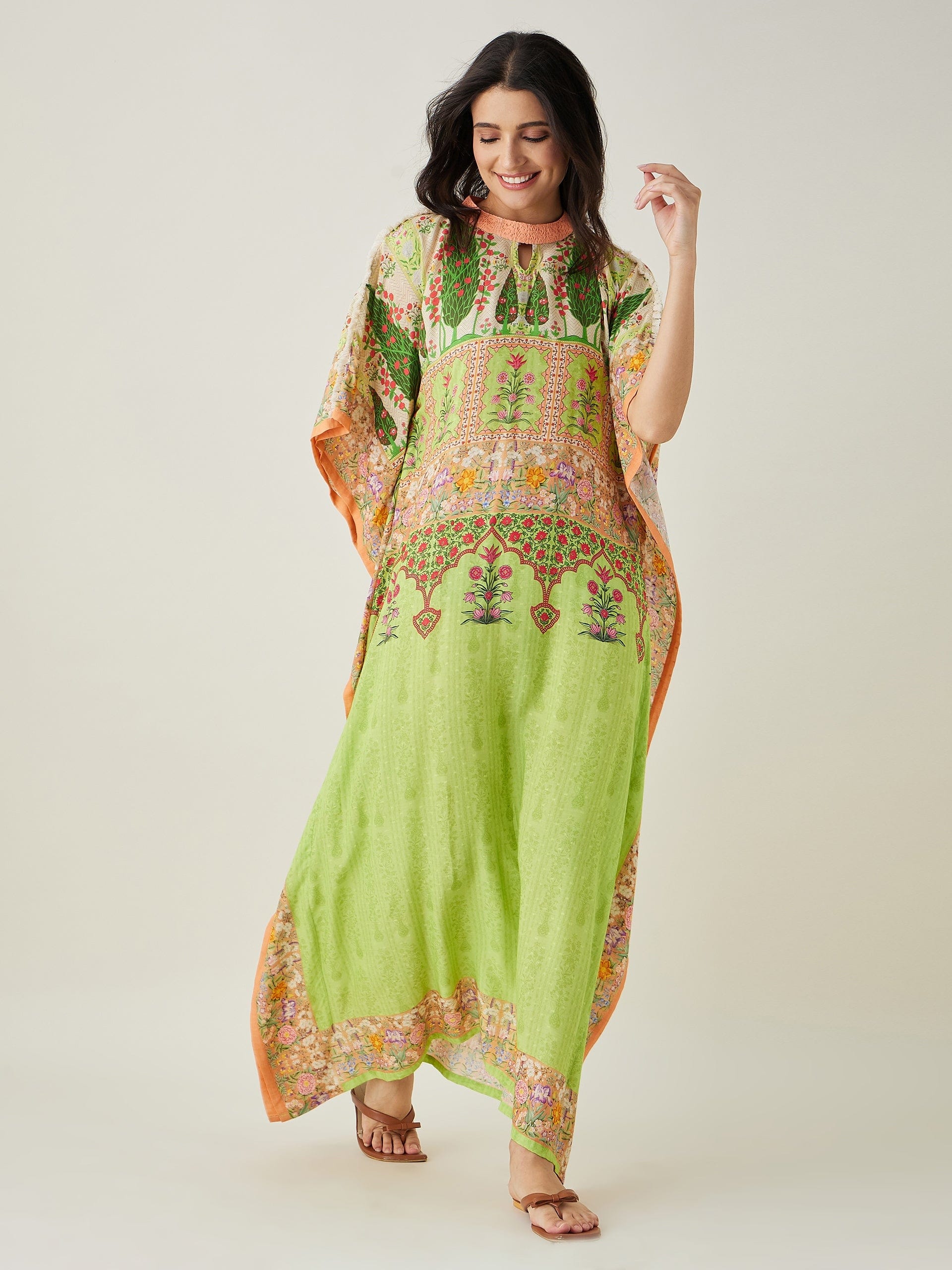 The Kaftan Company Kaftan Green peach Serenade Printed Kaftan