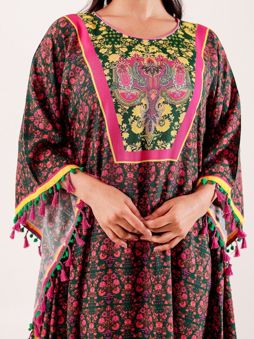 The Kaftan Company Kaftan Green & Pink Ornate Printed Modal Kaftan