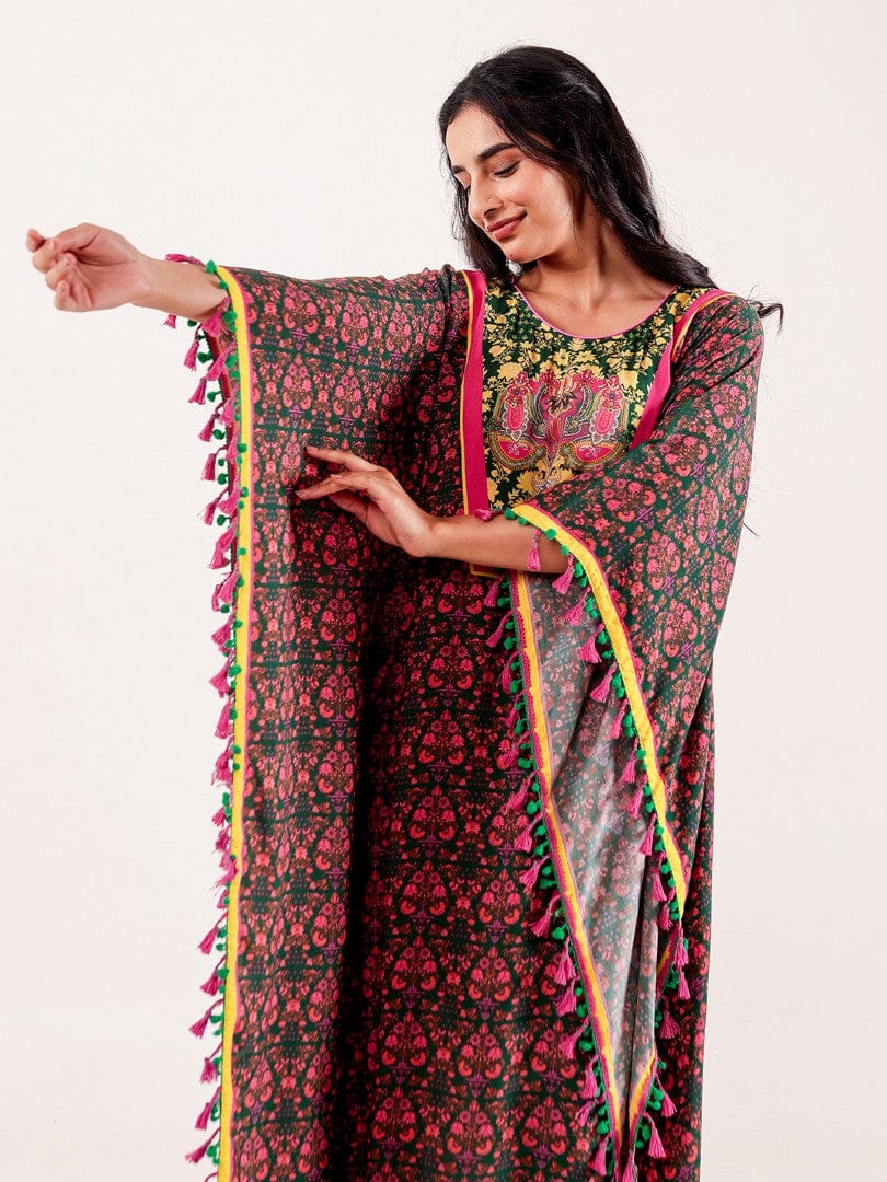 The Kaftan Company Kaftan Green & Pink Ornate Printed Modal Kaftan