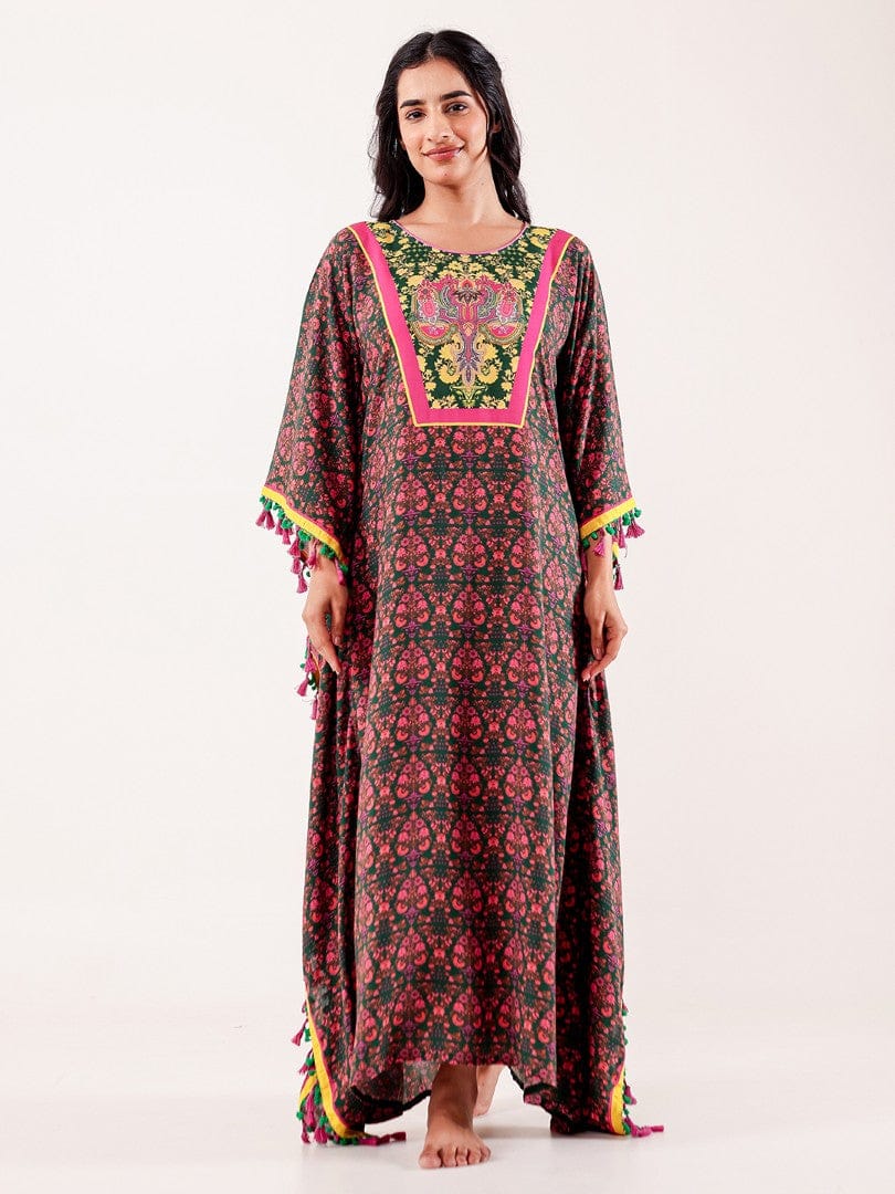 The Kaftan Company Kaftan Green & Pink Ornate Printed Modal Kaftan
