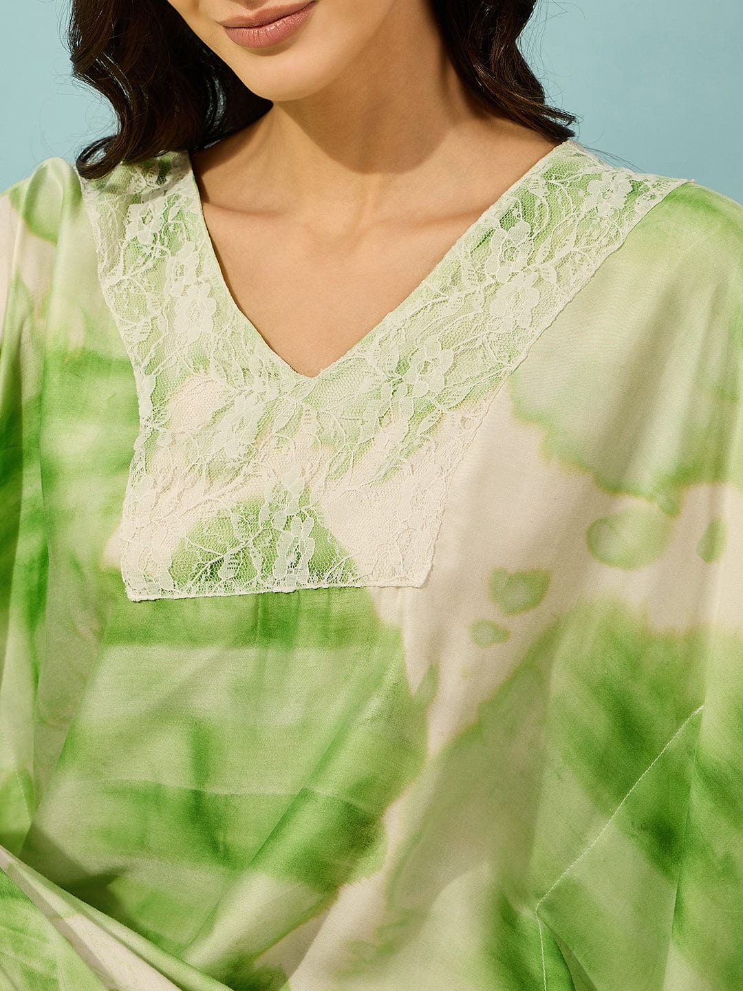 The Kaftan Company Kaftan Green Tie Dye Lace Yoke Nightdress