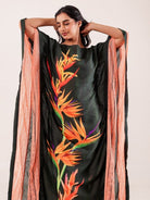 The Kaftan Company Kaftan Green Tropical Bird-of-Paradise Printed Viscose Kaftan
