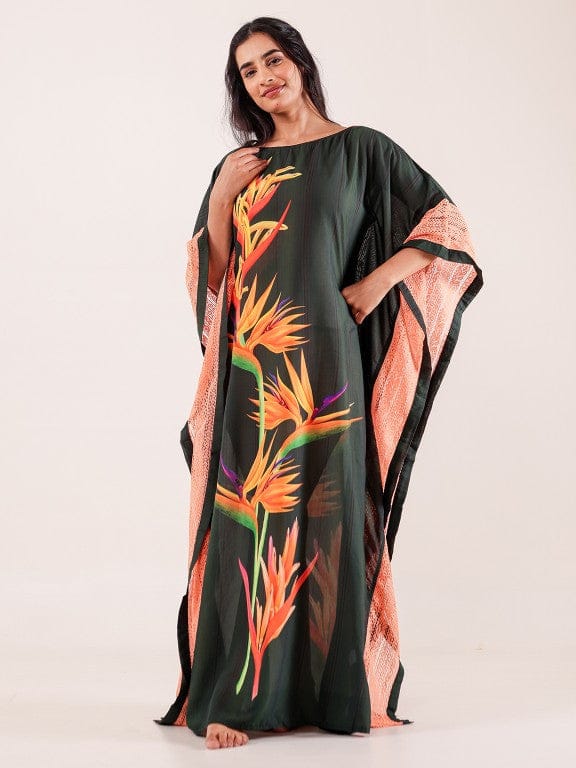 The Kaftan Company Kaftan Green Tropical Bird-of-Paradise Printed Viscose Kaftan