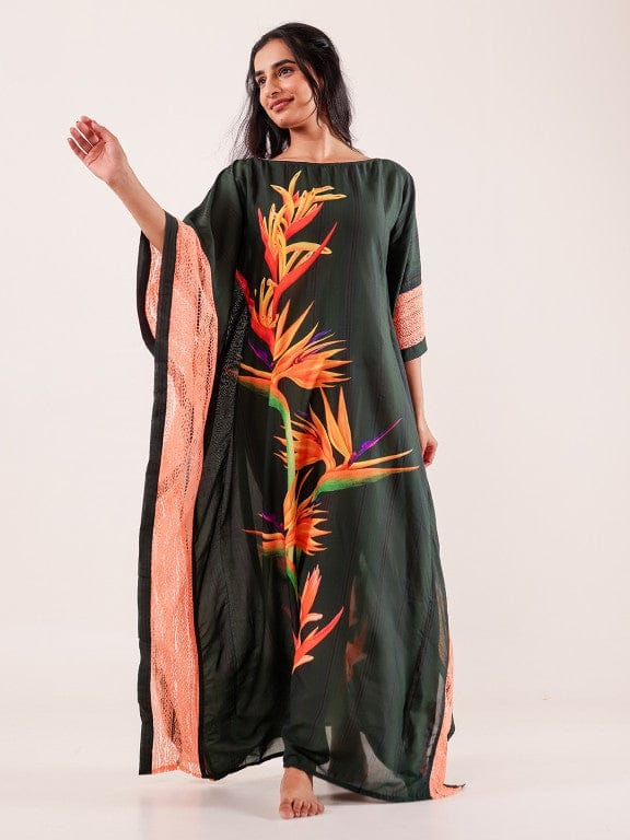 The Kaftan Company Kaftan Green Tropical Bird-of-Paradise Printed Viscose Kaftan