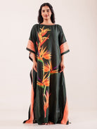 The Kaftan Company Kaftan Green Tropical Bird-of-Paradise Printed Viscose Kaftan