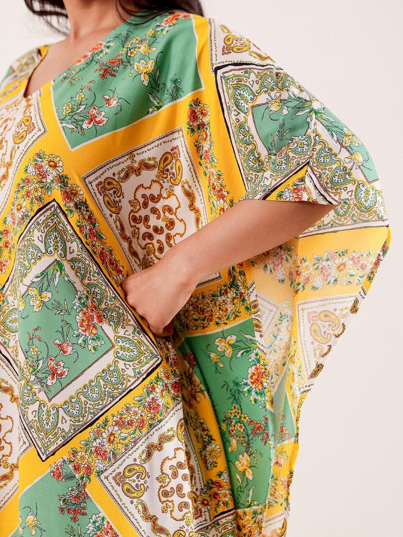 The Kaftan Company Kaftan Green & Yellow Geometric Floral Printed Loungewear Kaftan