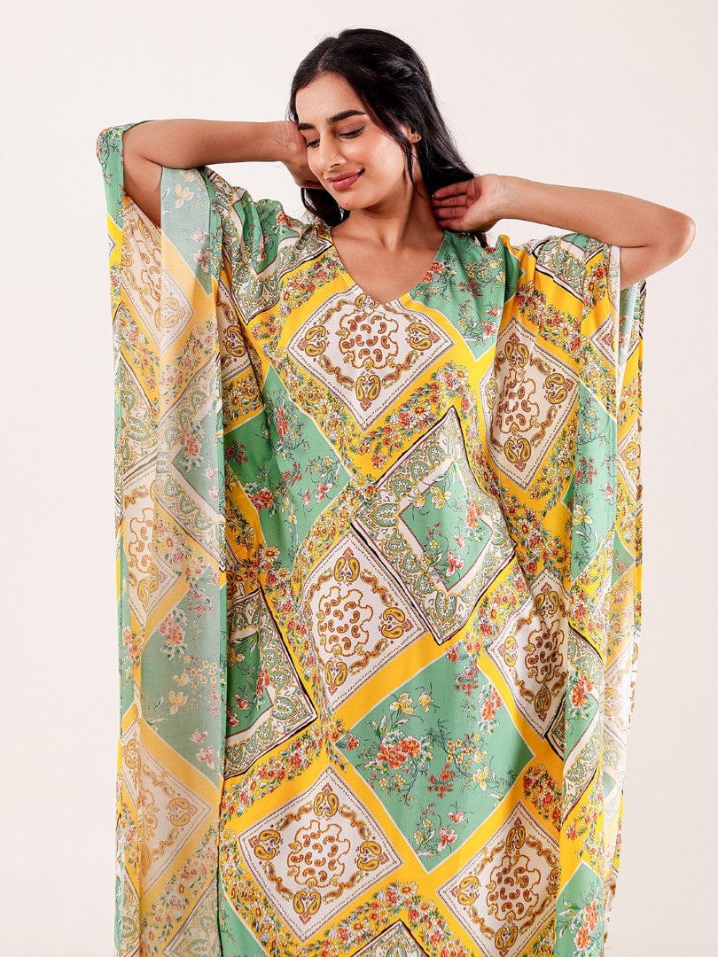 The Kaftan Company Kaftan Green & Yellow Geometric Floral Printed Loungewear Kaftan