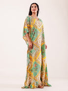 The Kaftan Company Kaftan Green & Yellow Geometric Floral Printed Loungewear Kaftan