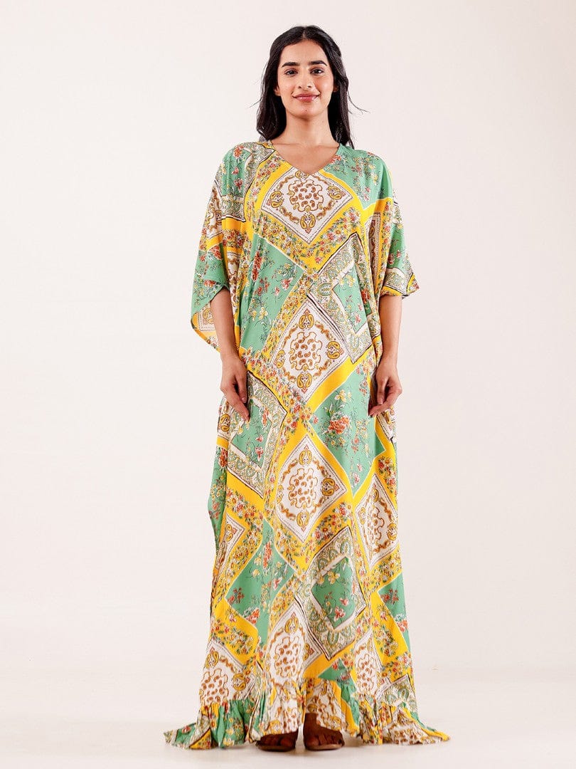 The Kaftan Company Kaftan Green & Yellow Geometric Floral Printed Loungewear Kaftan