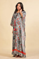 The Kaftan Company Kaftan Grey and Red Tropical Foliage Print Viscose Maternity Kaftan
