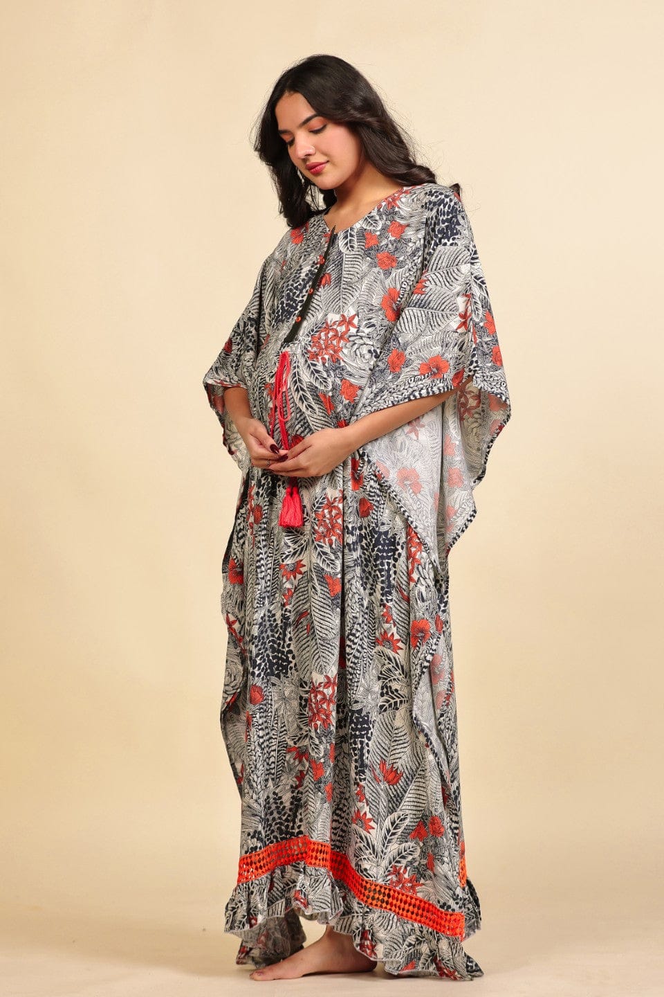 The Kaftan Company Kaftan Grey and Red Tropical Foliage Print Viscose Maternity Kaftan