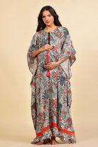The Kaftan Company Kaftan Grey and Red Tropical Foliage Print Viscose Maternity Kaftan