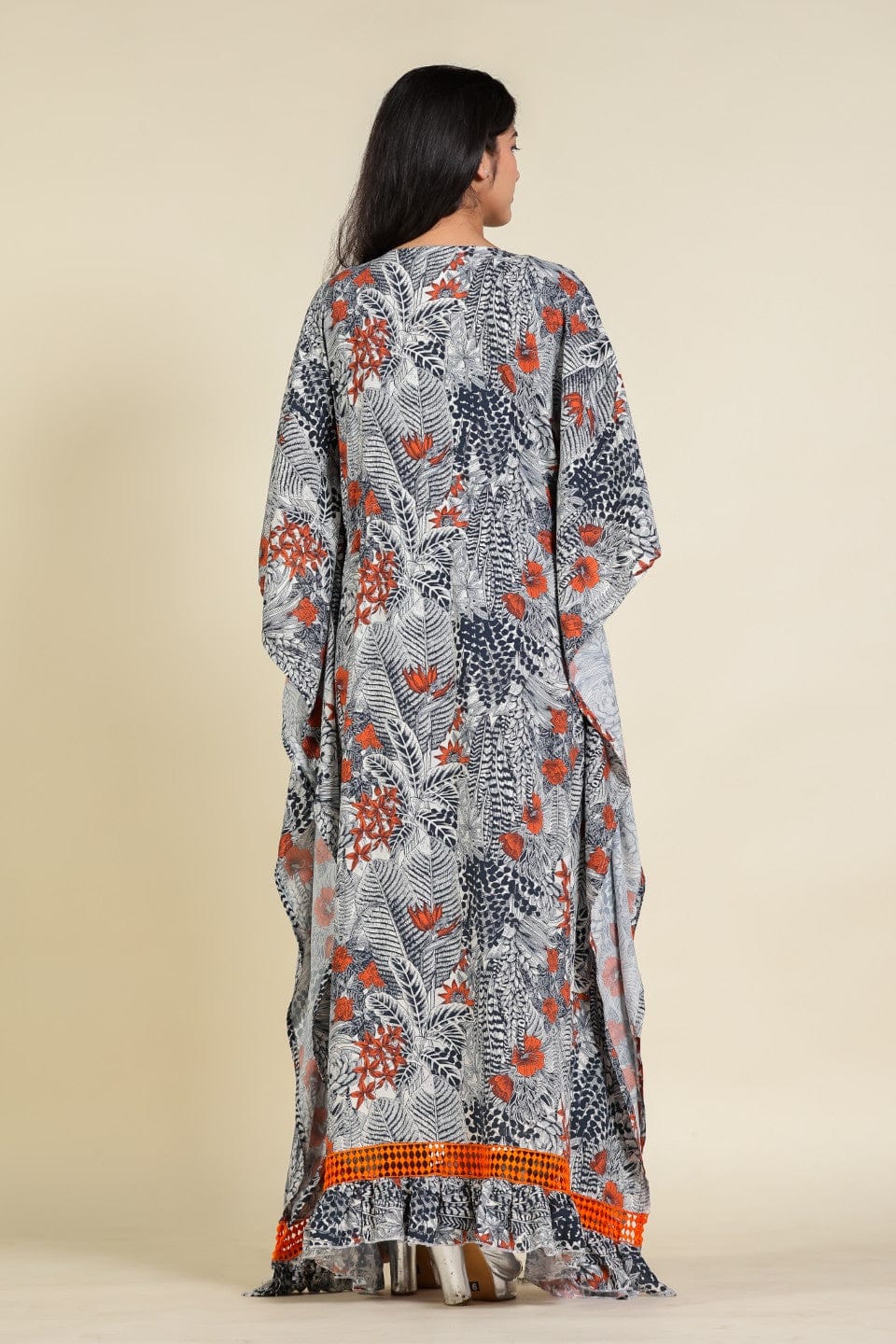 The Kaftan Company Kaftan Grey and Red Tropical Foliage Print Viscose Maternity Kaftan