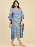 The Kaftan Company Kaftan Grey & Blue Butti Print Cotton Kaftan with Textured Indigo Border